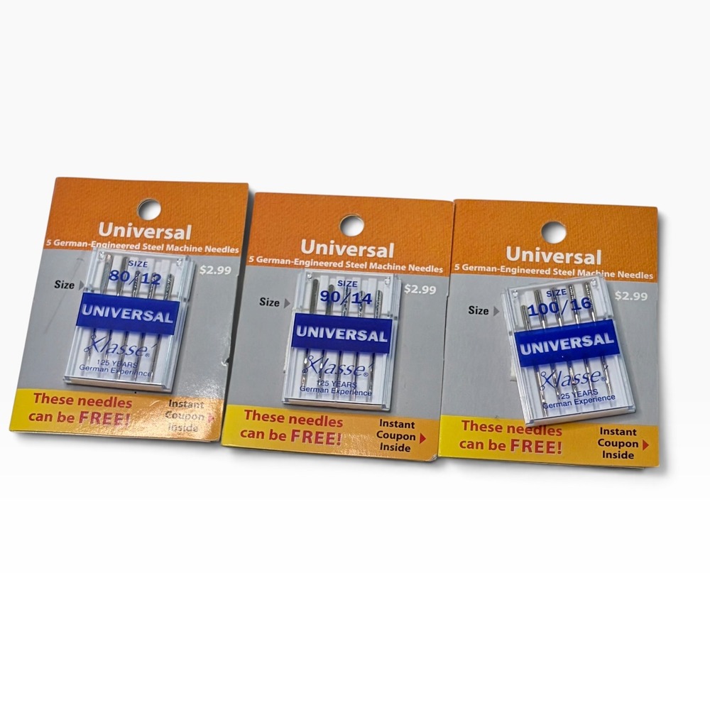 Klasse Universal Sewing Machine Needles 3 Pack Sizes 80/12 90/14 100/16 Steel